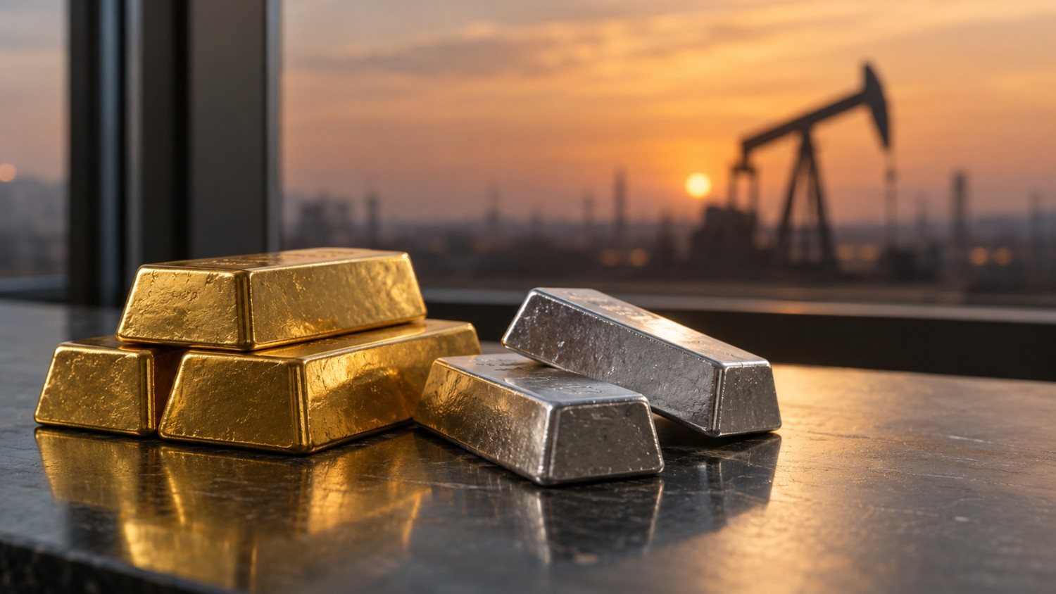 Stacked gold and silver bars with an oil pumpjack silhouetted at sunset, representing the gold silver ratio today