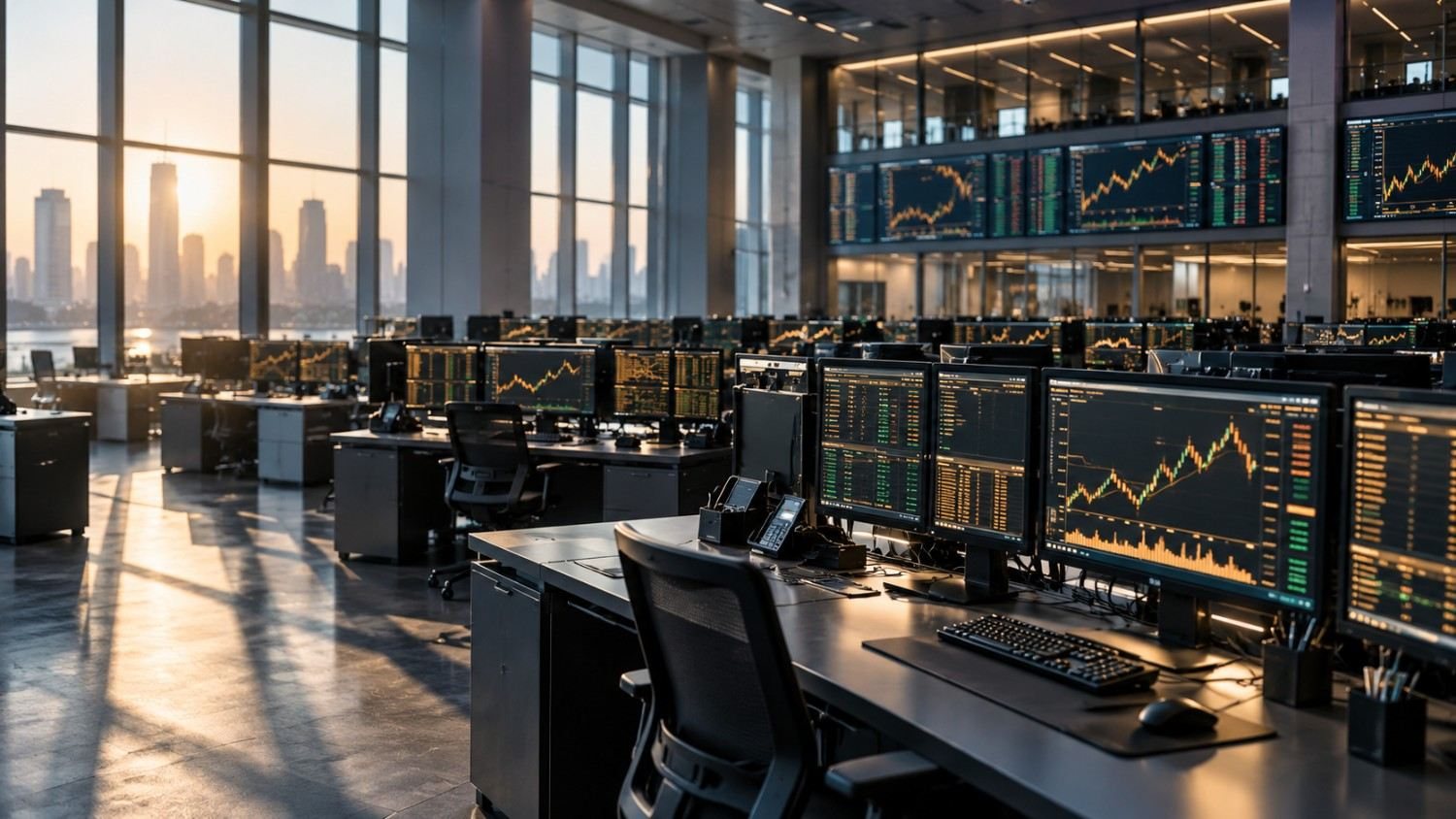 Empty trading floor at dawn with rows of monitors showing price charts and a city skyline, representing gold market structure in 2026.