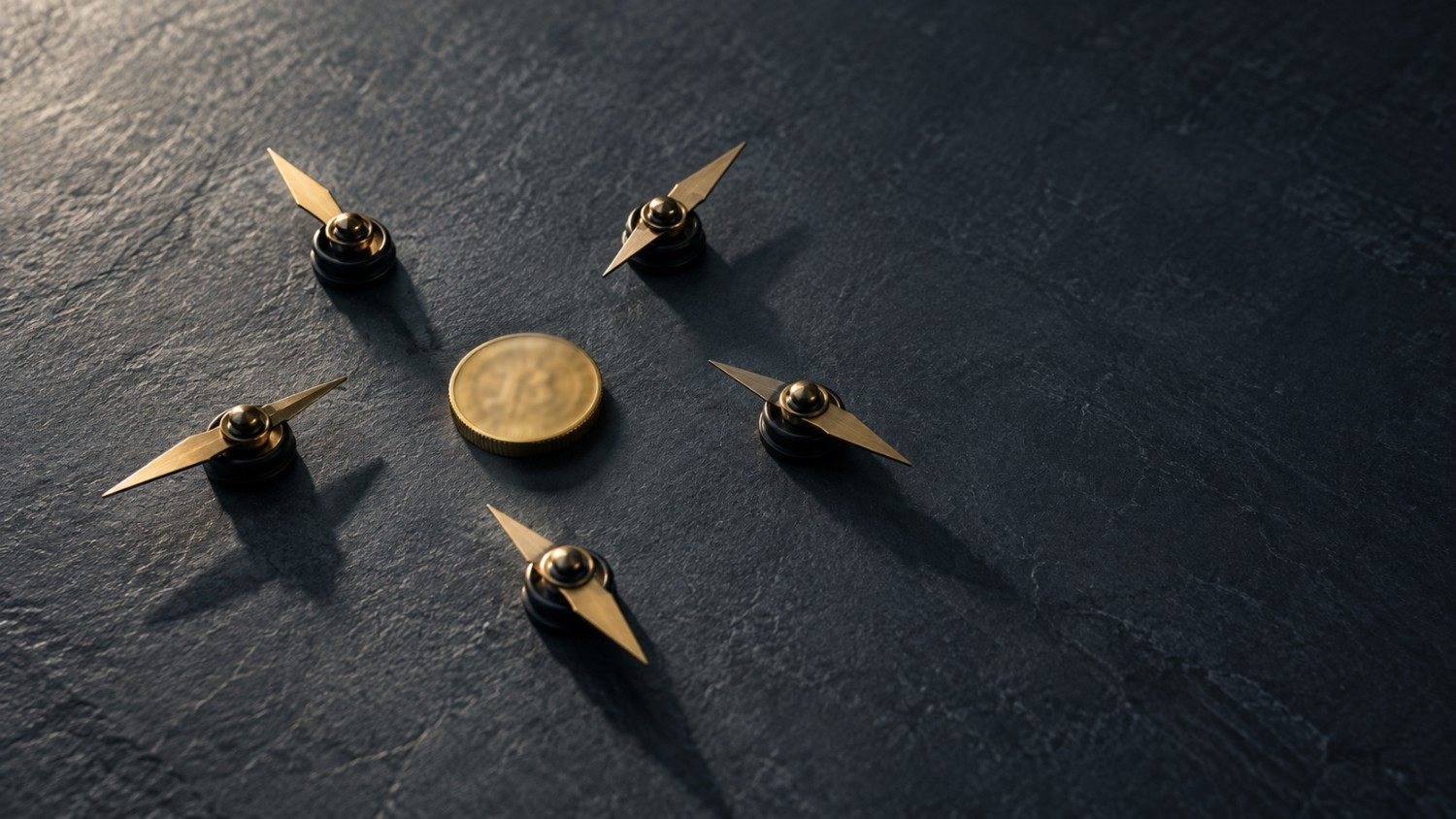 Five gold compass needles arranged in a circle, each pointing in a different direction, around a central coin on a dark slate surface — representing five conflicting signals on whether gold is oversold and underowned.