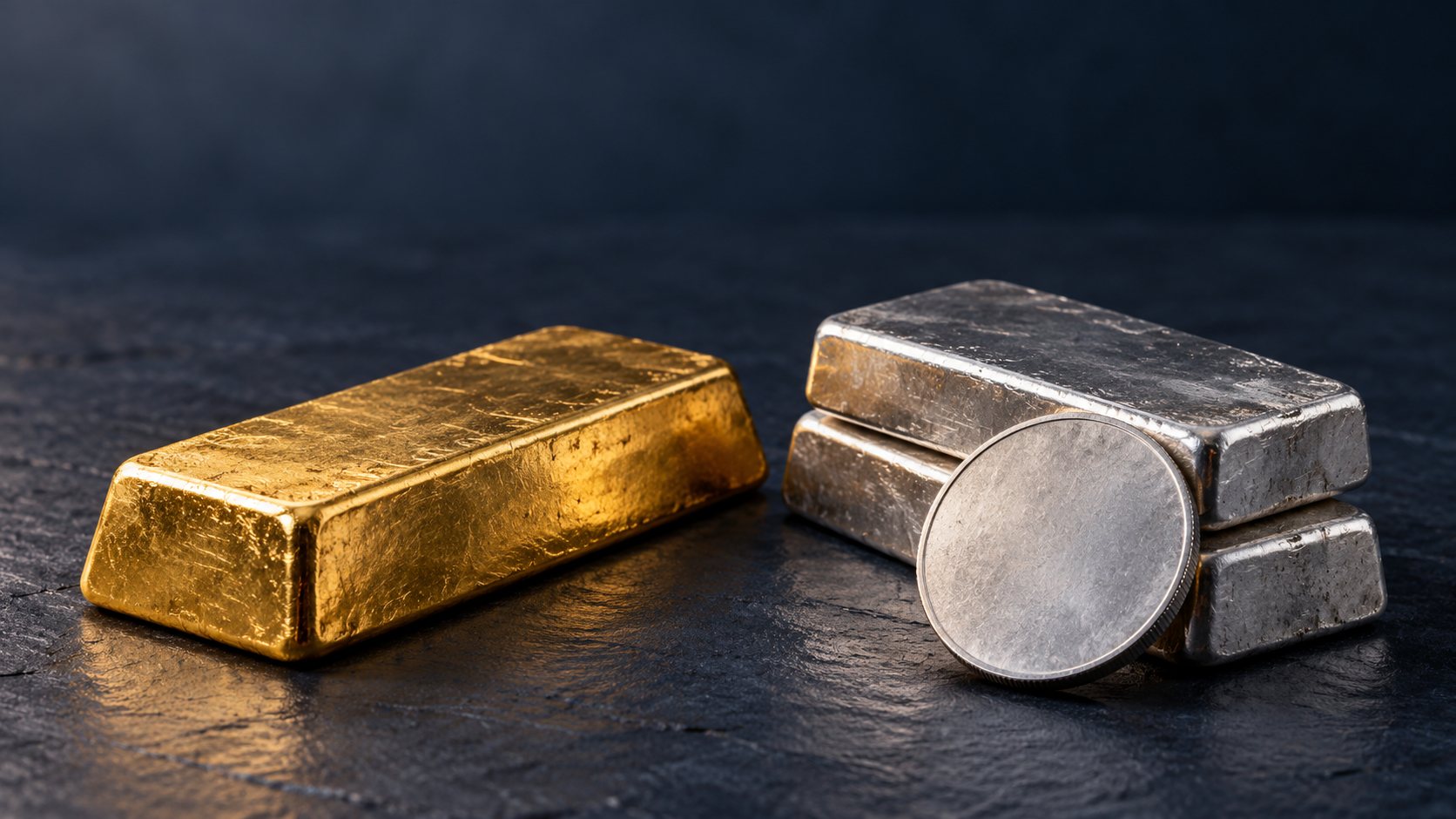Gold bullion bar beside two stacked silver bars and a silver round on a dark slate surface.