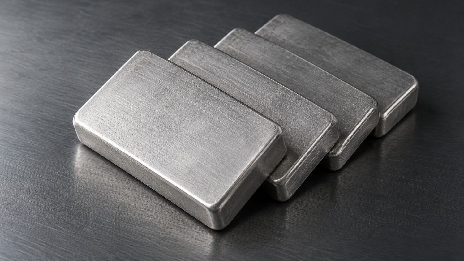 Four silver bullion bars stacked in an overlapping row on a dark brushed-steel surface, illustrating silver’s quiet retest of its 2026 low.