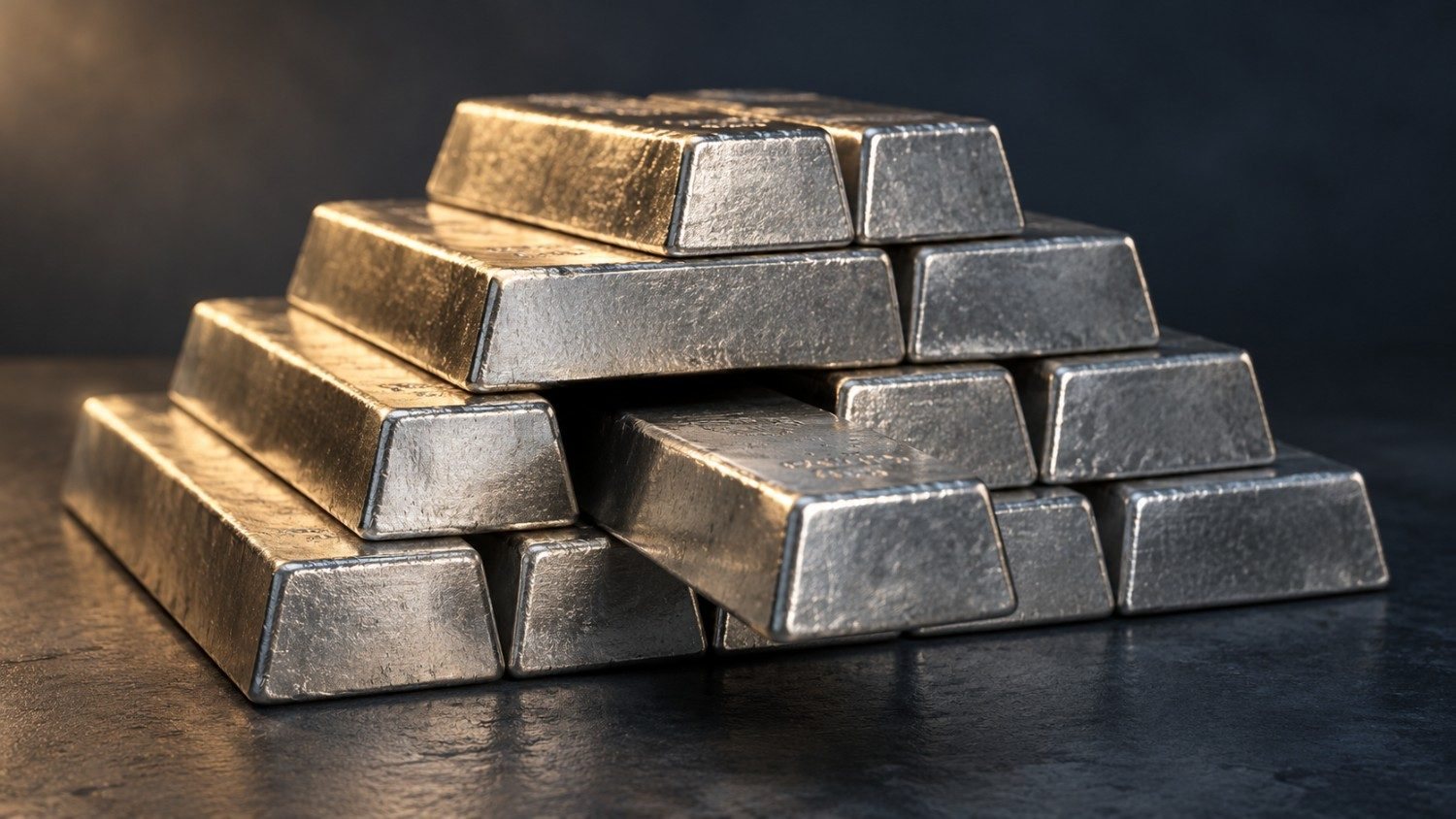 Stack of silver bars arranged in a pyramid, with one bar pulled partway out of the middle row, lit by warm side lighting against a dark background — illustrating the reversal in speculative silver positioning ahead of the Fed’s October 2026 decision.